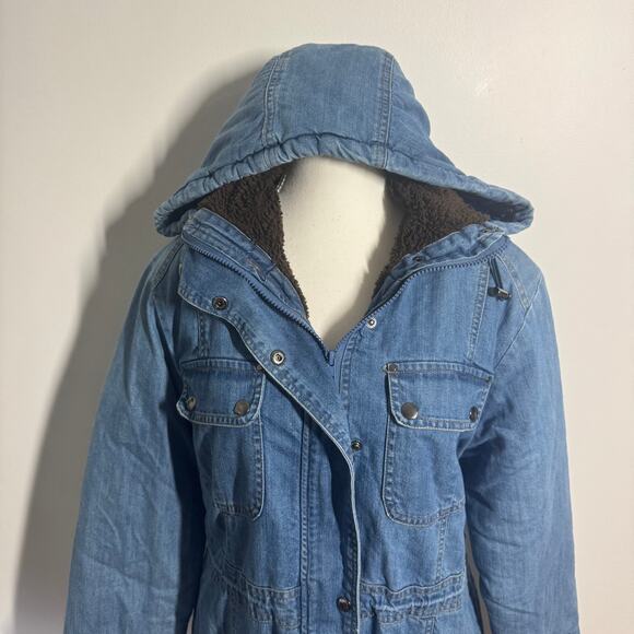 North Style Jacket Women M Blue Denim Quilted Hood Chore Jacket Sherpa Pocket - Picture 5 of 14